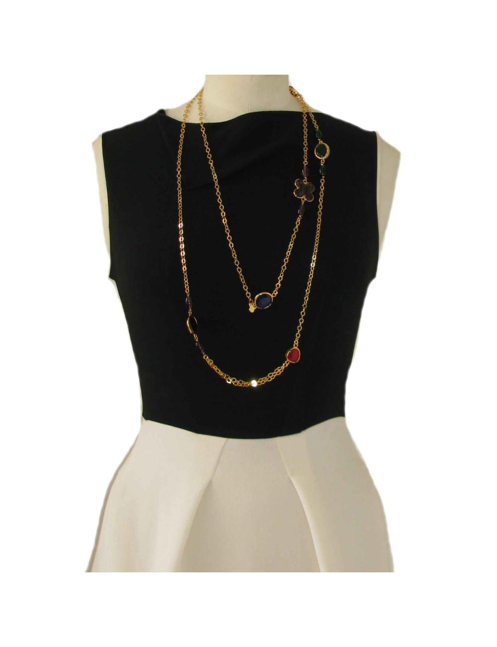 Sautoir MARGUERITE DE VALOIS en plaqué or et en pâte de verre 