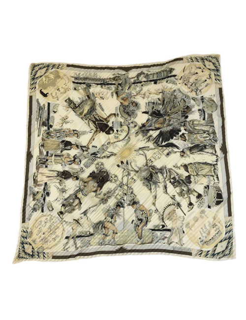 Carré Plissé HERMES "Les danses des indiens" en soie beige