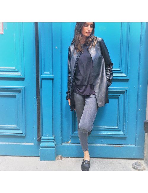 Veste longue CHANEL  t 36 cuir d'agneau bordé de dentelle en crochet