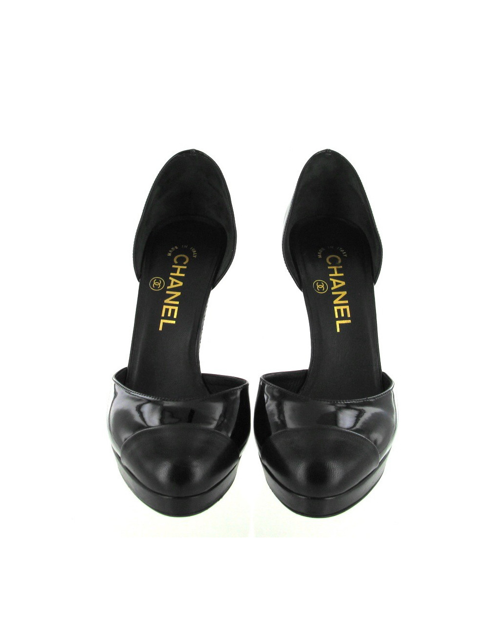 Escarpins CHANEL T37.5 en cuir vernis noir et cuir lisse