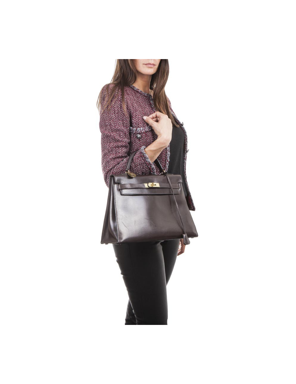  HERMES Kelly 32 vintage bag in glossy brown saddle box leather