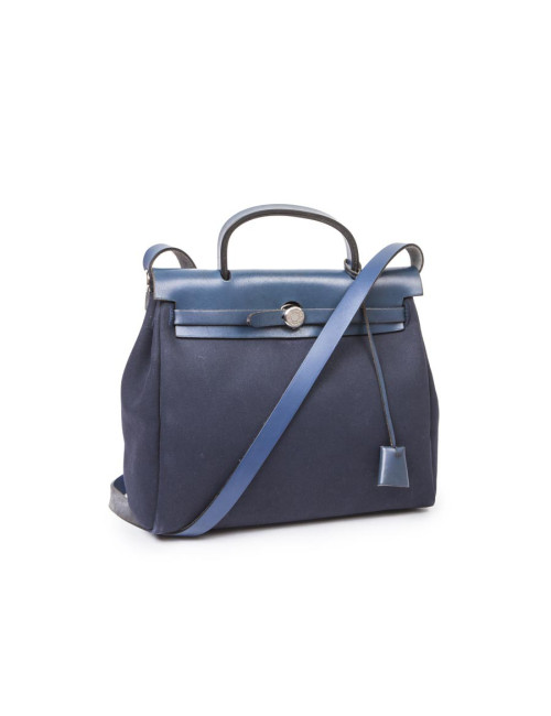 Sac Herbag HERMES en toile bleu nuit et naturel