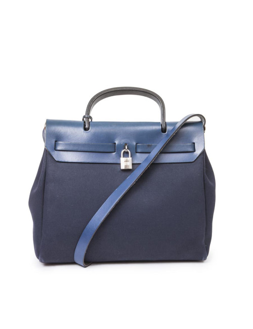 Sac Herbag HERMES en toile bleu nuit et naturel