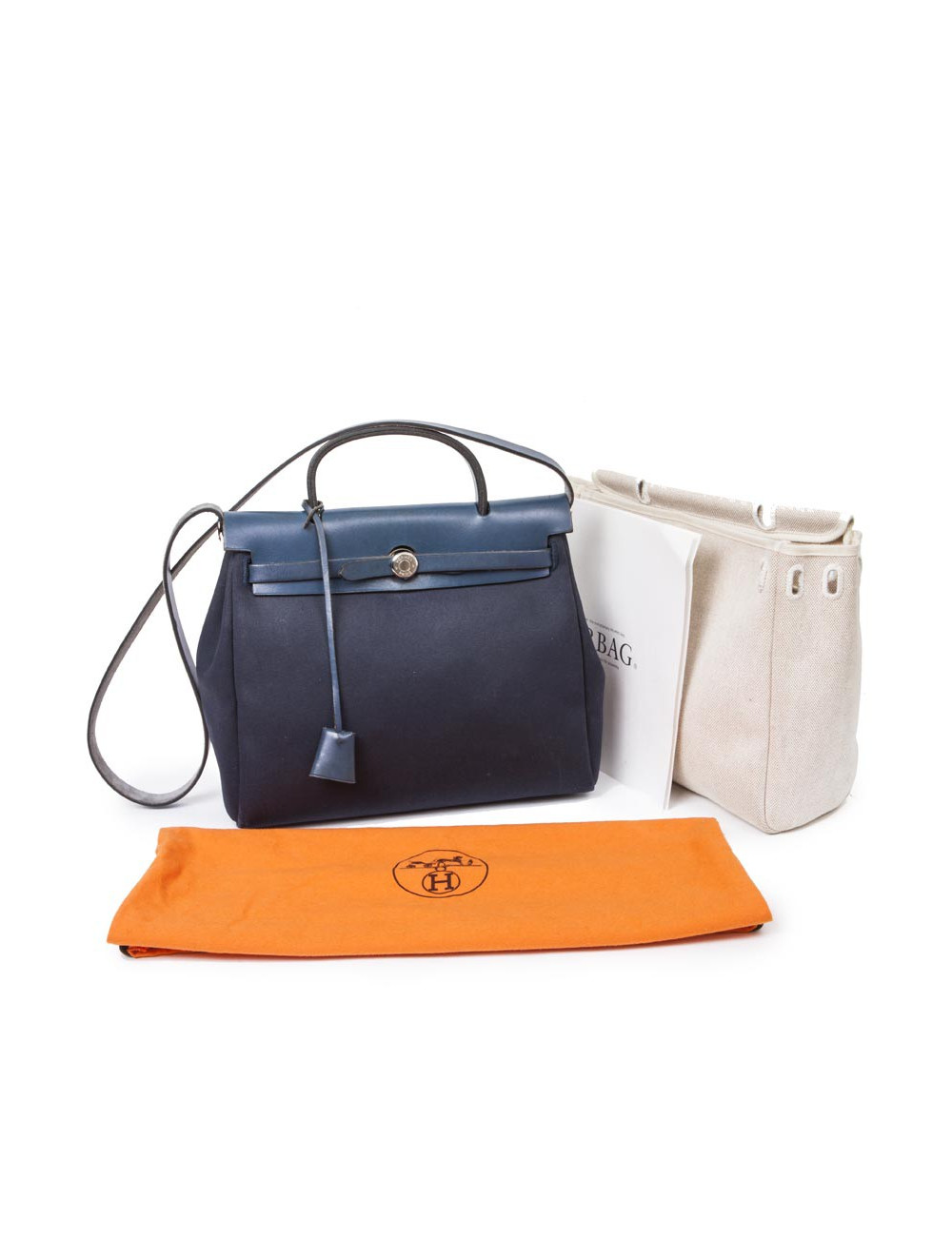 Sac Herbag HERMES en toile bleu nuit et naturel