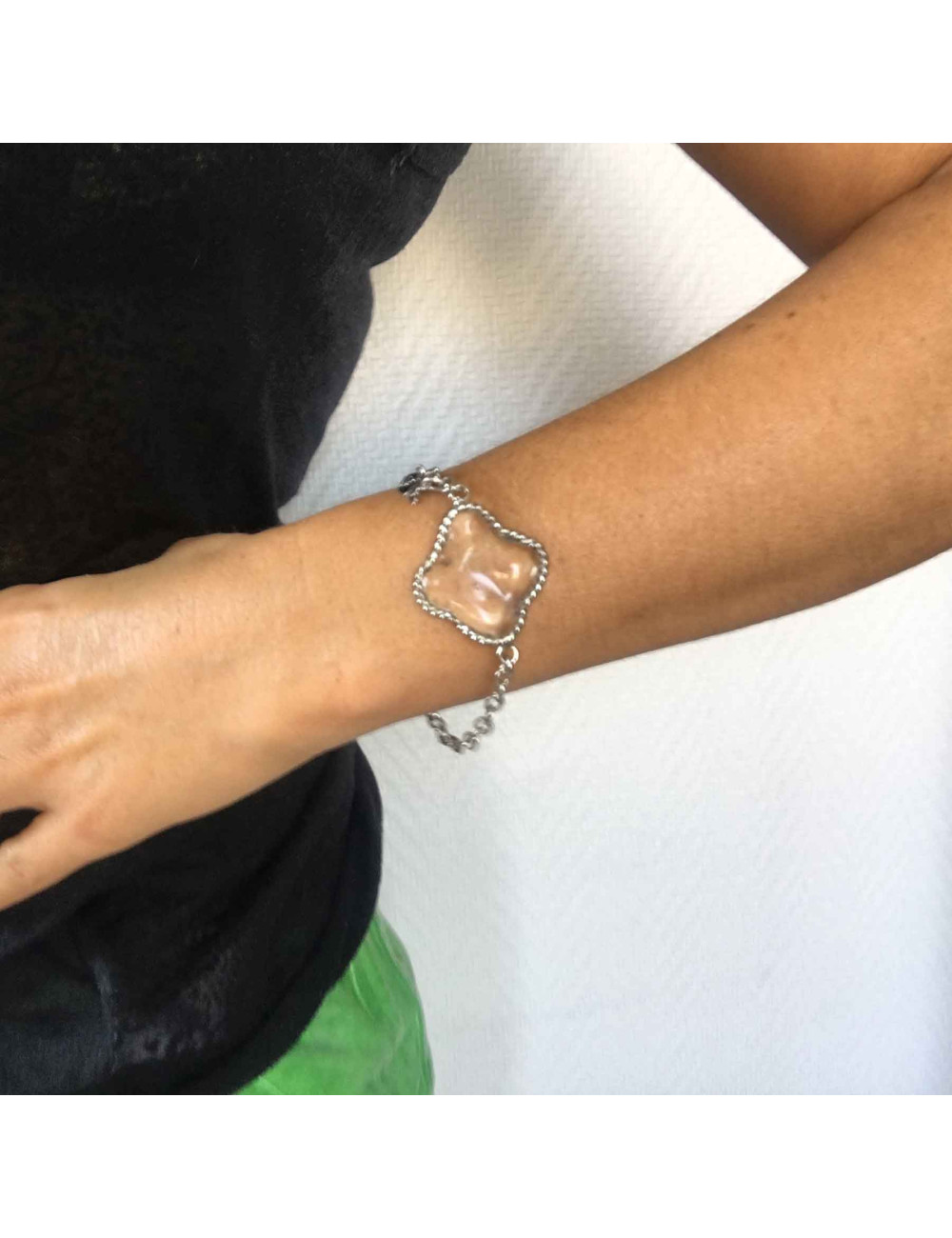 Bracelet MARGUERITE DE VALOIS "Trèfle" pâte de verre transparente