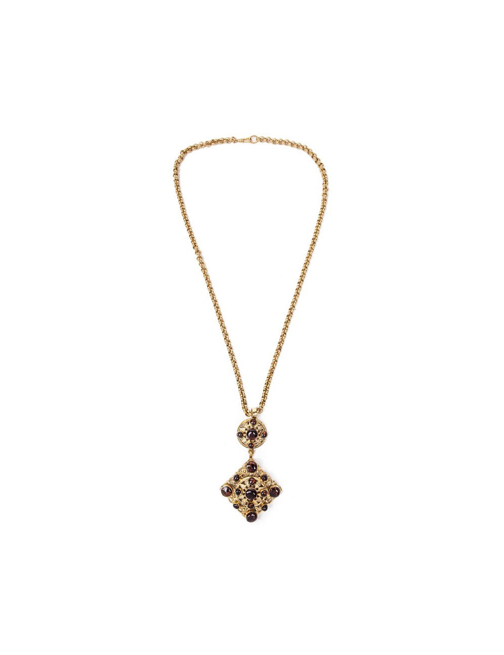 MARGUERITE DE VALOIS long necklace couture in gold plated metal and pendant in molten glass