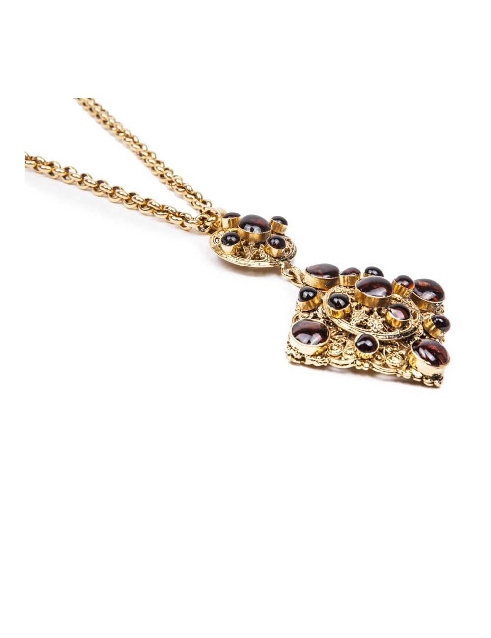 MARGUERITE DE VALOIS long necklace couture in gold plated metal and pendant in molten glass