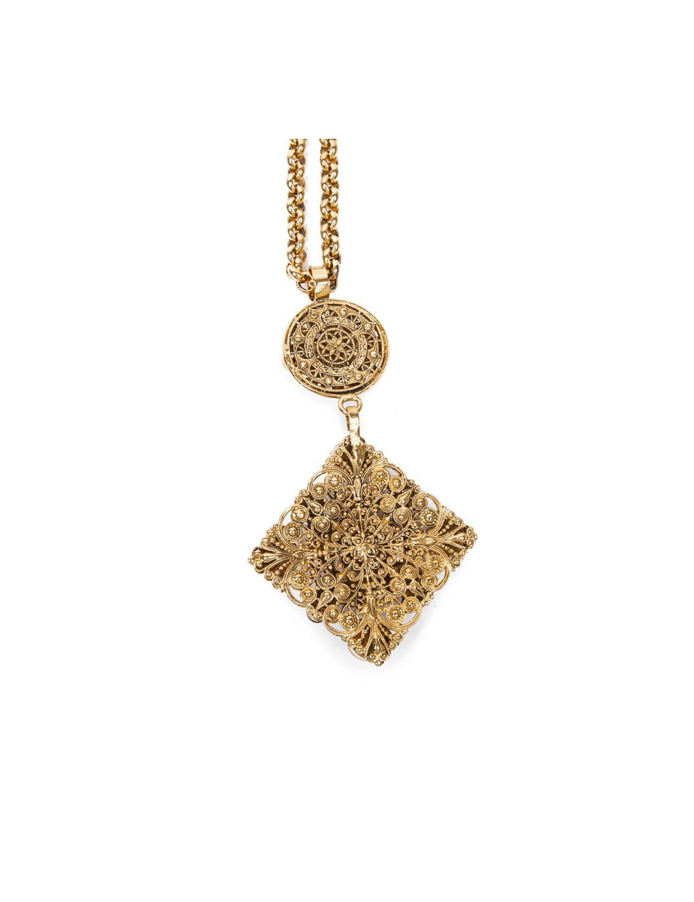 MARGUERITE DE VALOIS long necklace couture in gold plated metal and pendant in molten glass
