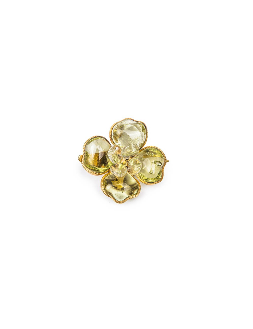 CHANEL camélia brooch in gilded metal and green molten glass