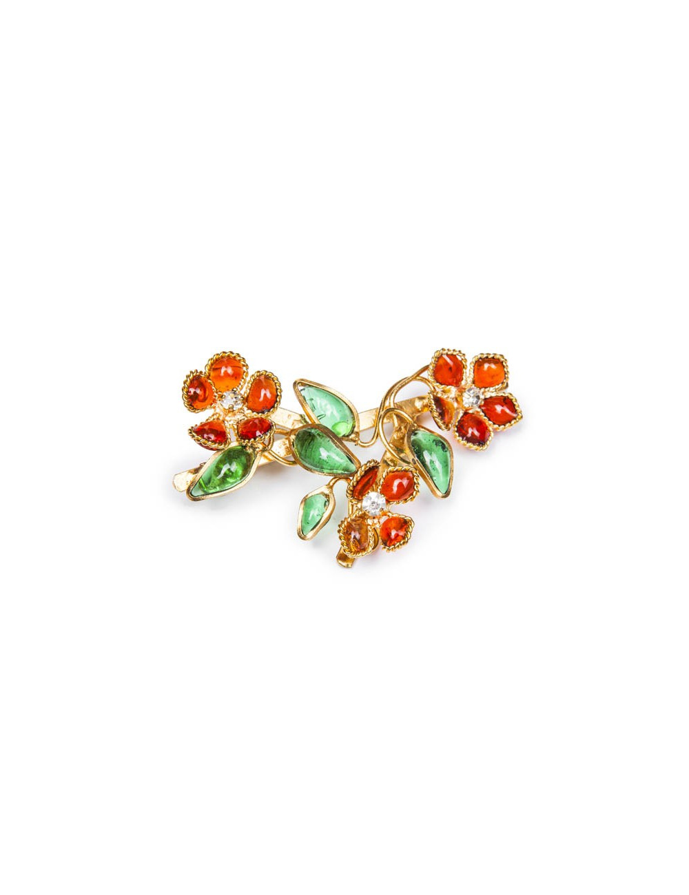 Broche MARGUERITE DE VALOIS pâte de verre orange et vert 