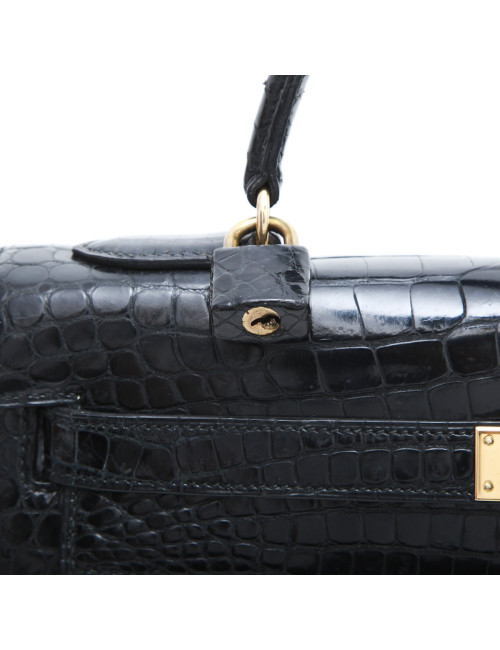 Sac Kelly 32 HERMES en crocodile porosus noir  Vintage