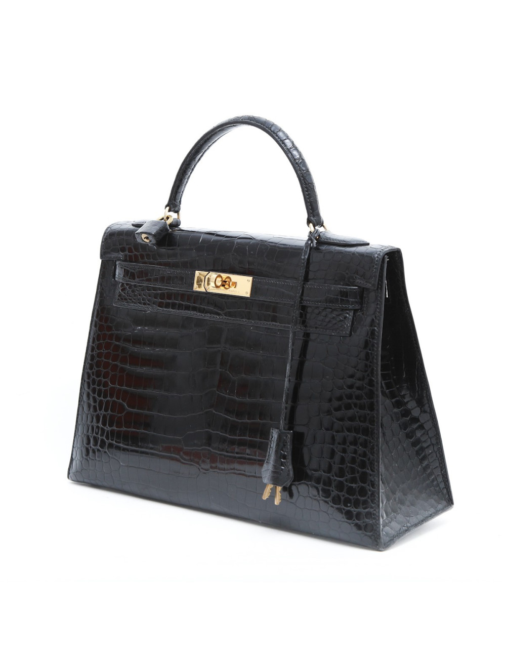 Sac Kelly 32 HERMES en crocodile porosus noir  Vintage