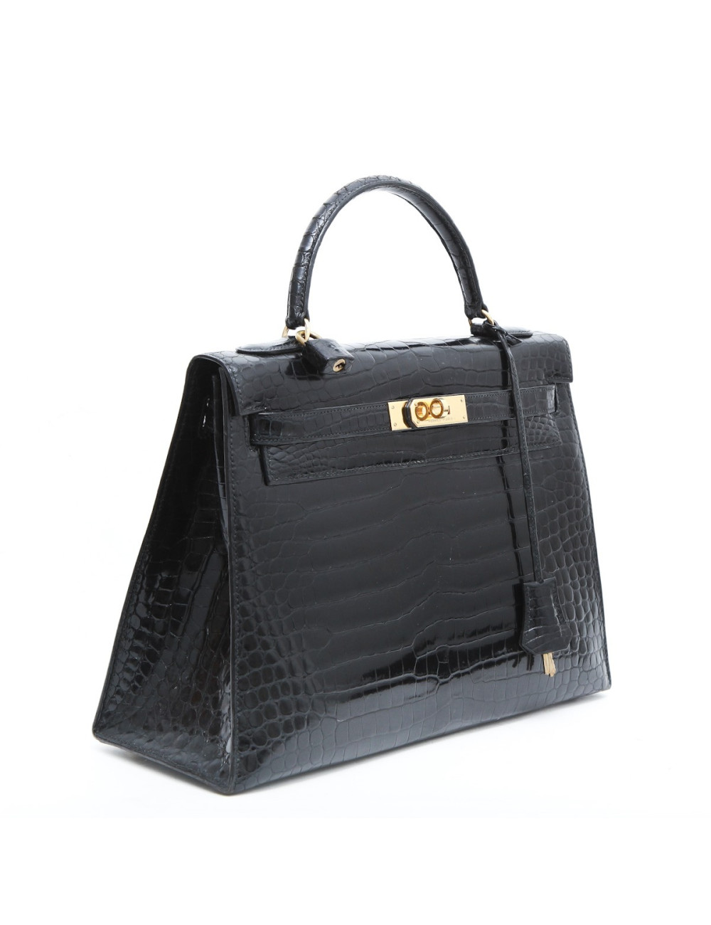 Sac Kelly 32 HERMES en crocodile porosus noir  Vintage