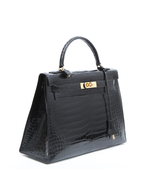 Sac Kelly 32 HERMES en crocodile porosus noir  Vintage