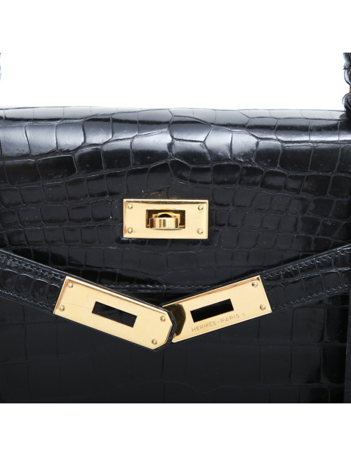 Sac Kelly 32 HERMES en crocodile porosus noir  Vintage