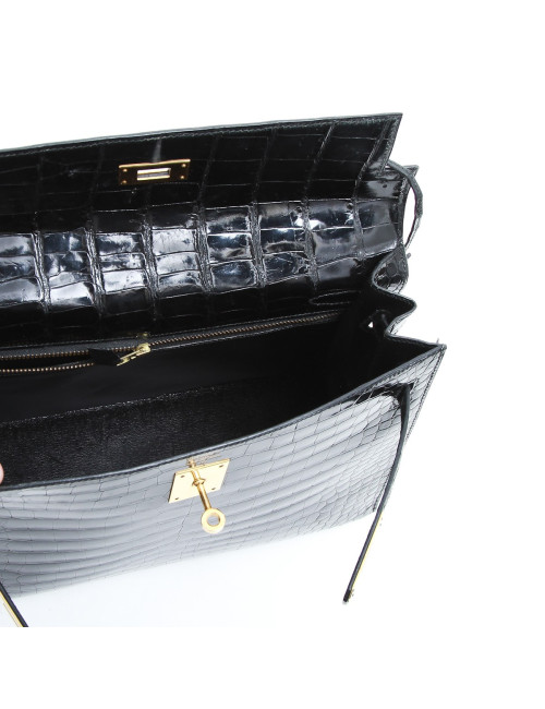 Sac Kelly 32 HERMES en crocodile porosus noir  Vintage