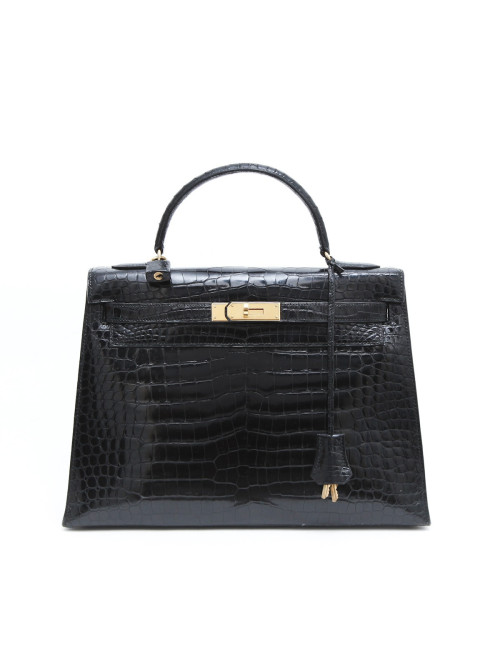 Sac Kelly 35 HERMES en crocodile porosus noir  Vintage
