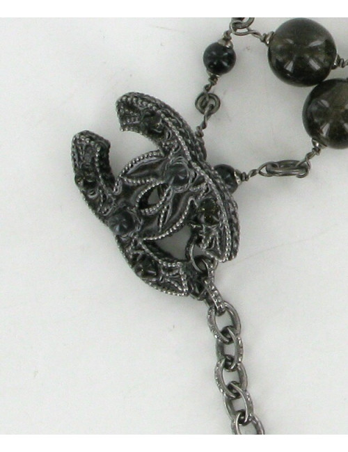 Ceinture-sautoir CHANEL en métal argenté et perles