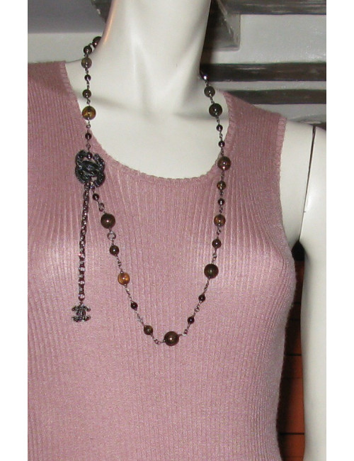 Ceinture-sautoir CHANEL en métal argenté et perles