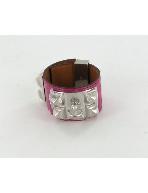 Manchette collier de chien HERMES en cuir fushia