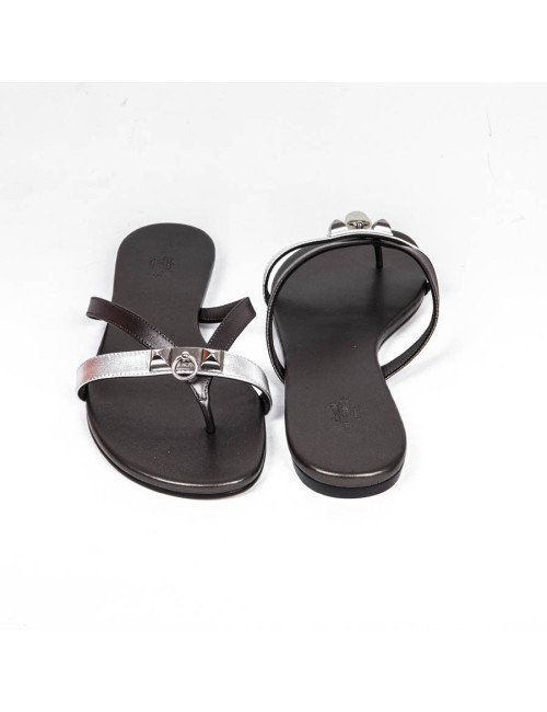 Sandales HERMES plates cuir gris T 38