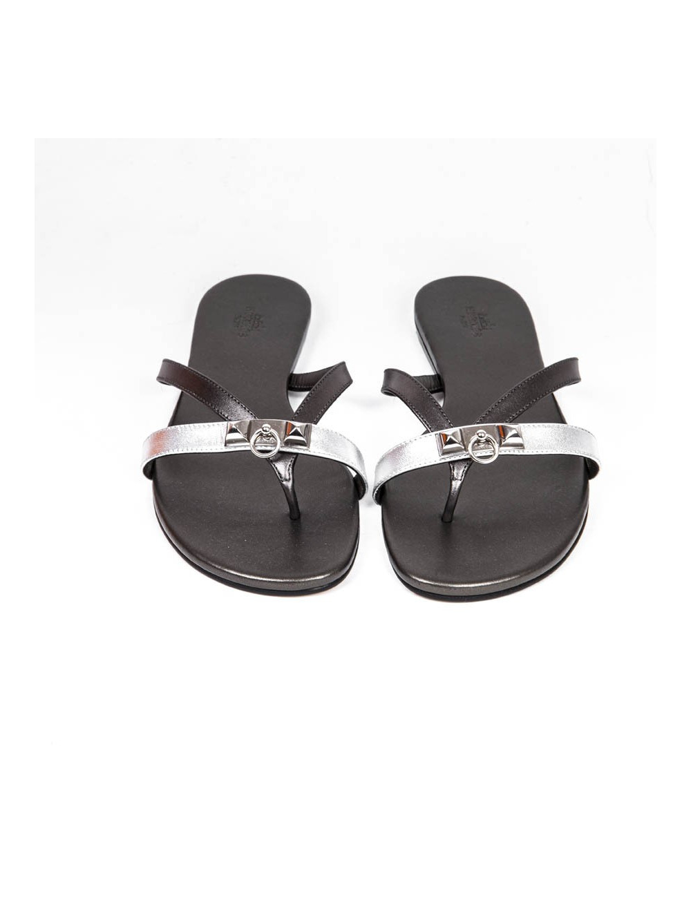 HERMES Size 38 'Corfu Nappa' sandals in metallic gunmetal and silver leather