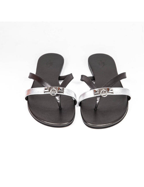 HERMES Size 38 'Corfu Nappa' sandals in metallic gunmetal and silver leather