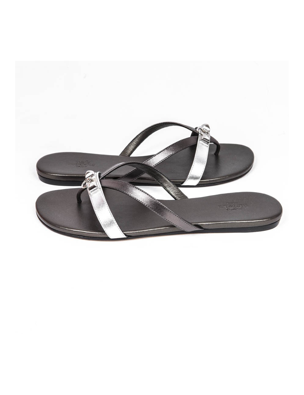 HERMES Size 38 'Corfu Nappa' sandals in metallic gunmetal and silver leather