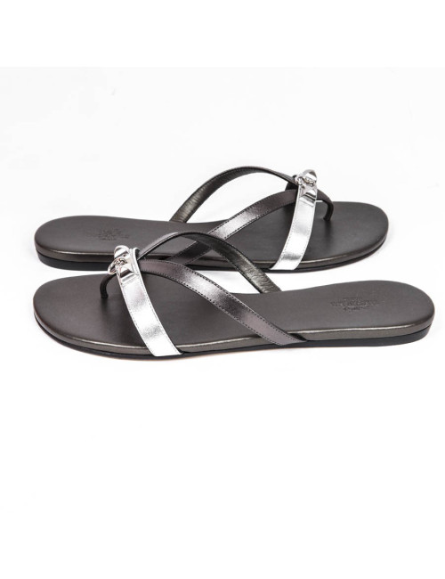 HERMES Size 38 'Corfu Nappa' sandals in metallic gunmetal and silver leather