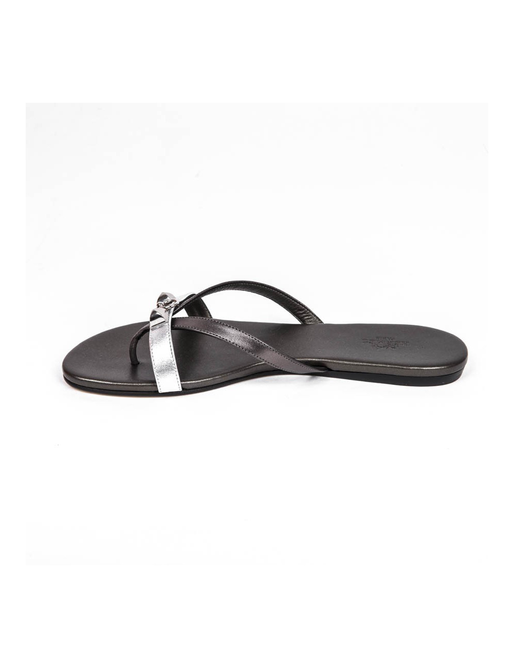 HERMES Size 38 'Corfu Nappa' sandals in metallic gunmetal and silver leather
