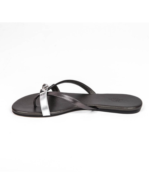 HERMES Size 38 'Corfu Nappa' sandals in metallic gunmetal and silver leather