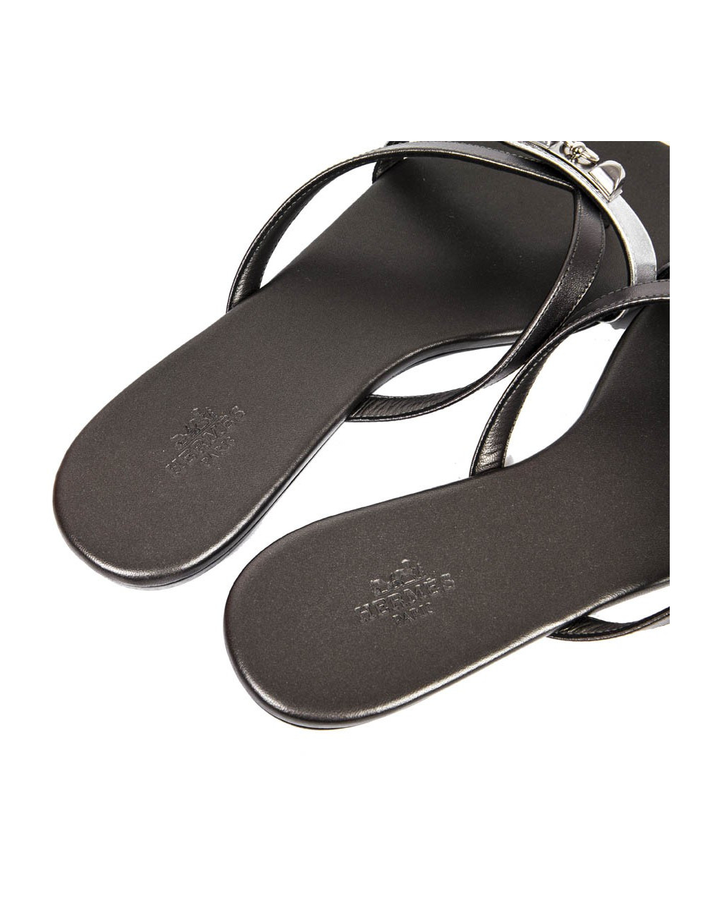HERMES Size 38 'Corfu Nappa' sandals in metallic gunmetal and silver leather