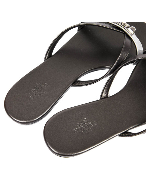 HERMES Size 38 'Corfu Nappa' sandals in metallic gunmetal and silver leather