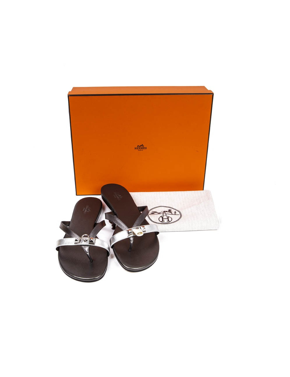 HERMES Size 38 'Corfu Nappa' sandals in metallic gunmetal and silver leather