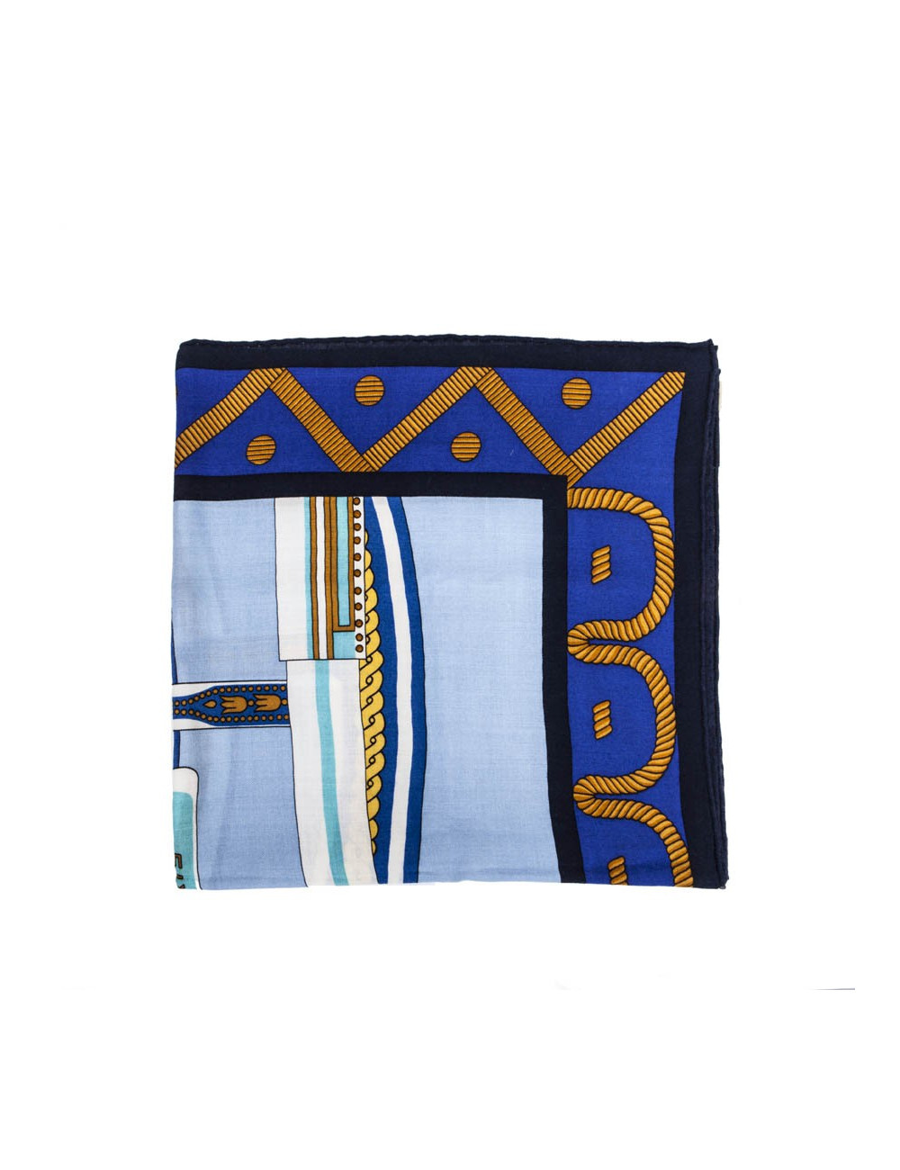 Châle HERMES bleu et jaune "balade en berline"