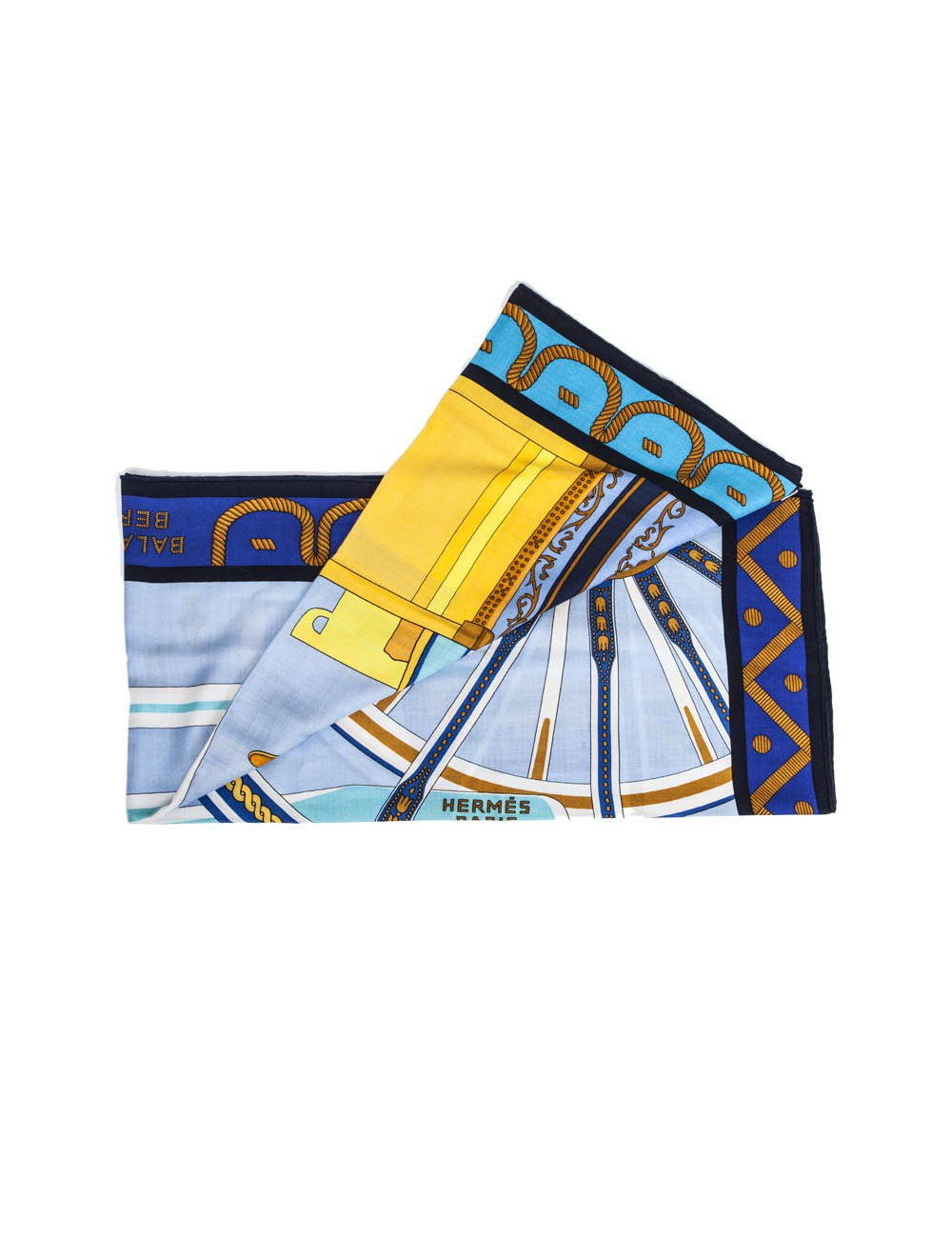 Châle HERMES bleu et jaune "balade en berline"