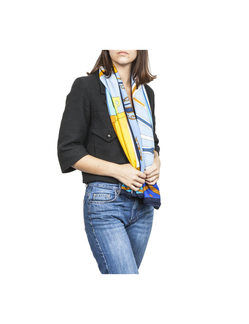 HERMES shawl 'balade en berline' in blue and yellow cashmere and silk