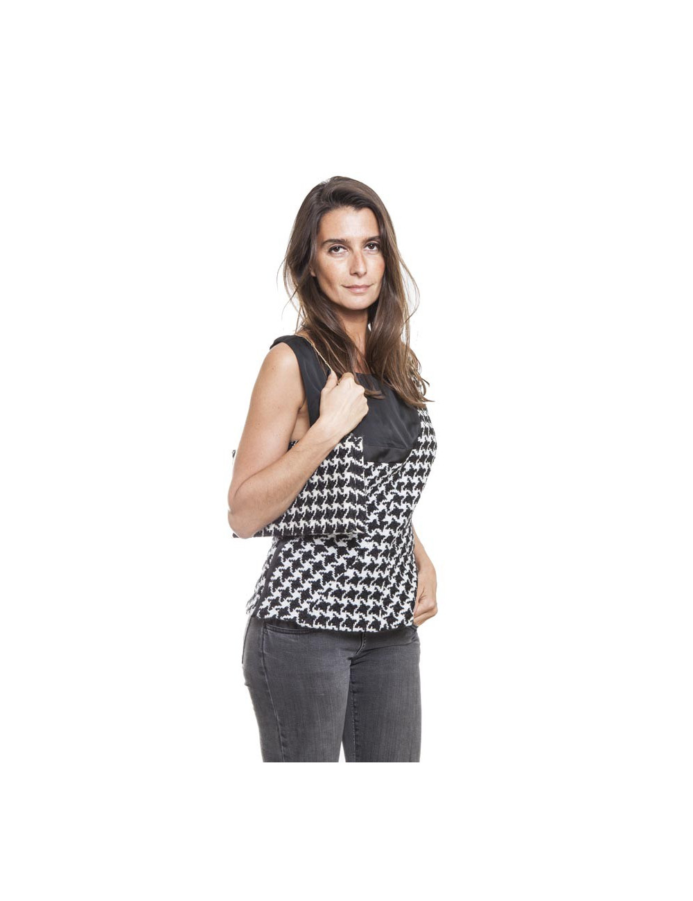 DIOR set top 42FR and clutch in black and white houndstooth fabric