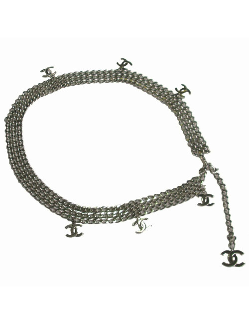 Ceinture CHANEL vintage chaine triple en métal argenté et CC