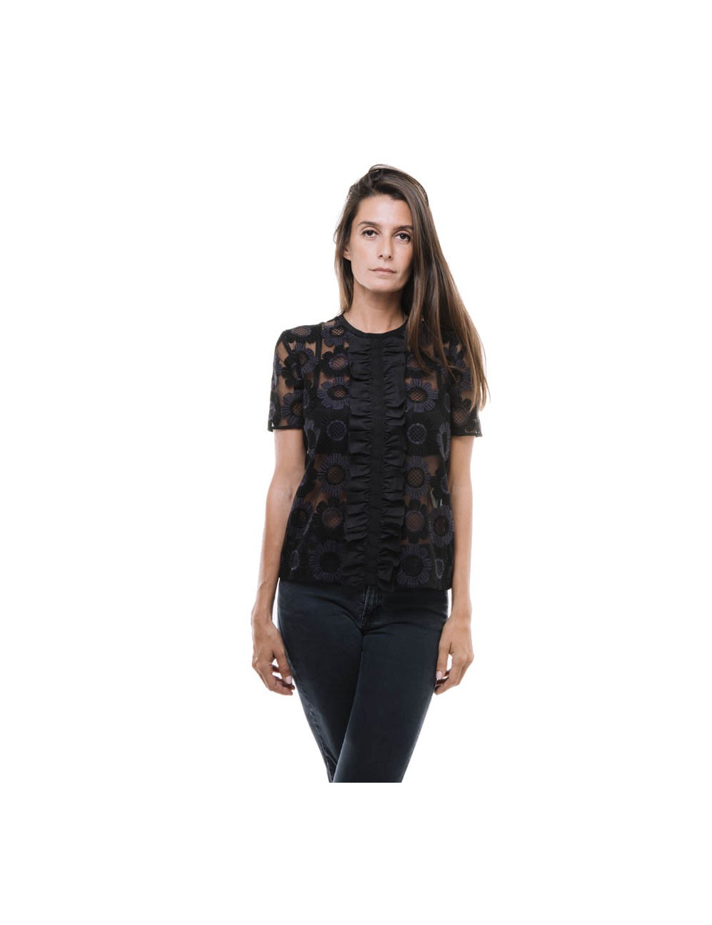 FENDI blouse T38 in tulle embroidered with black and purple flowers