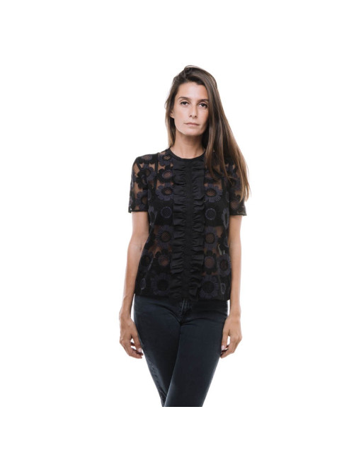 FENDI blouse T38 in tulle embroidered with black and purple flowers