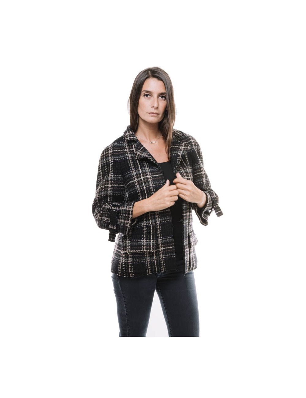 CHANEL checked jacket in black wool tweed size 38FR