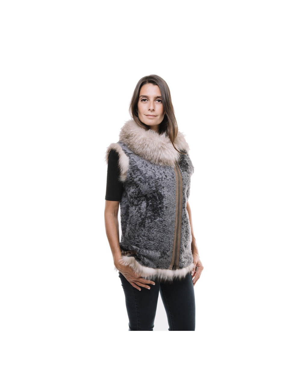 BRUNELLO CUCINELLI sleeveless jack in gray sheepskin and fox fur 44IT/40FR