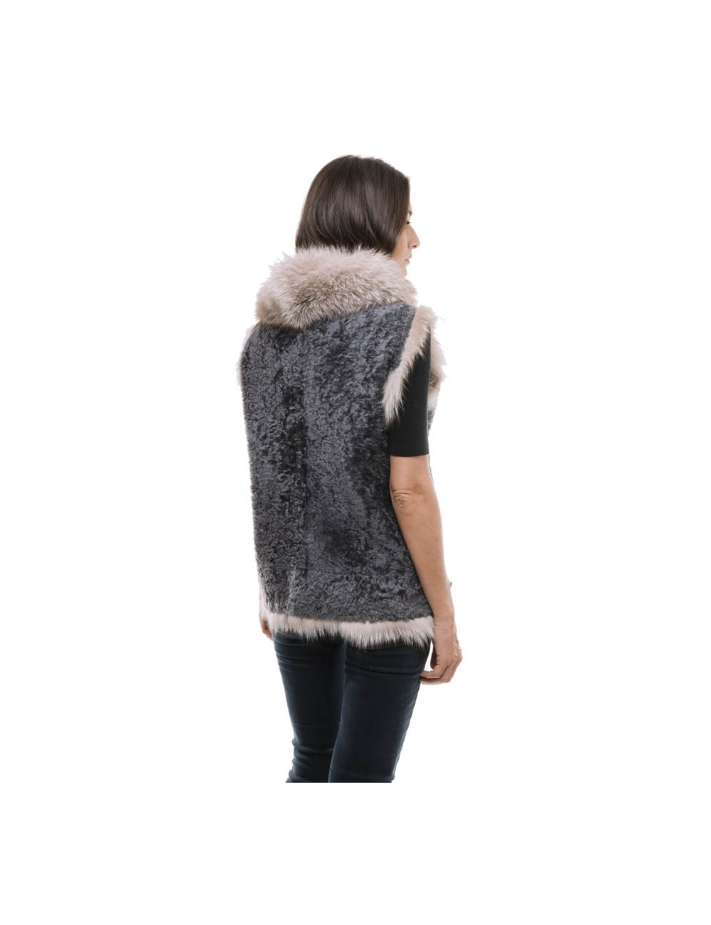 BRUNELLO CUCINELLI sleeveless jack in gray sheepskin and fox fur 44IT/40FR