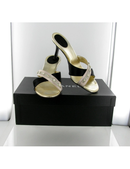 Couture CHANEL t 36 black and champagne silk mules