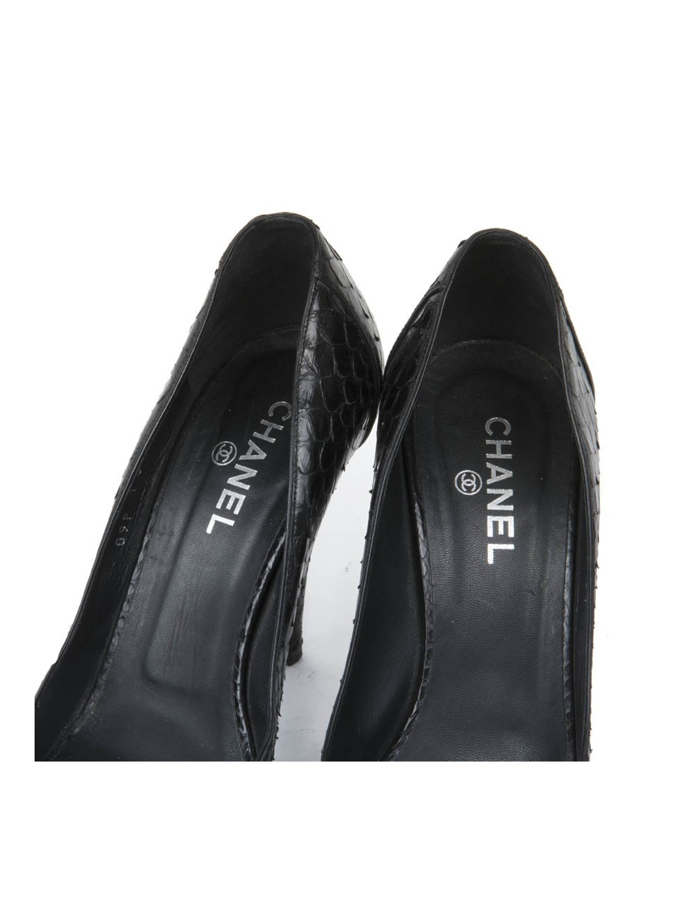 CHANEL high heel open toe sandals in black python leather size 39C