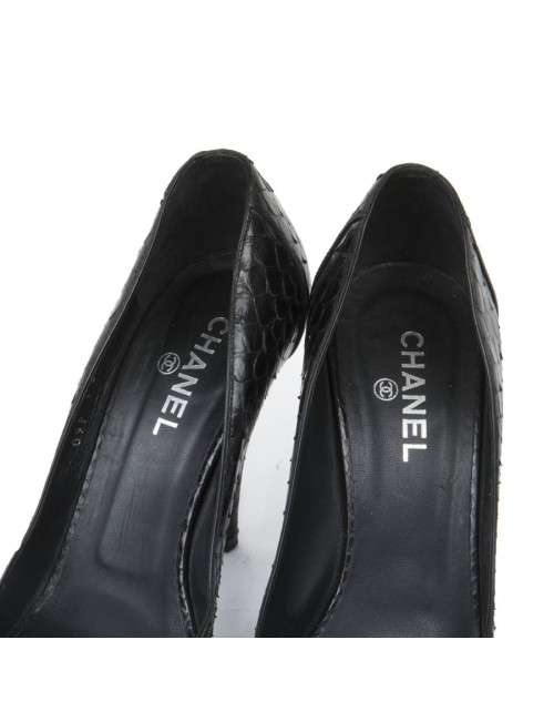 CHANEL high heel open toe sandals in black python leather size 39C