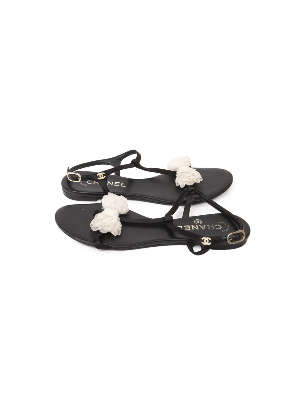 CHANEL strap sandals in black leather and knot in white fabric size 38.5C