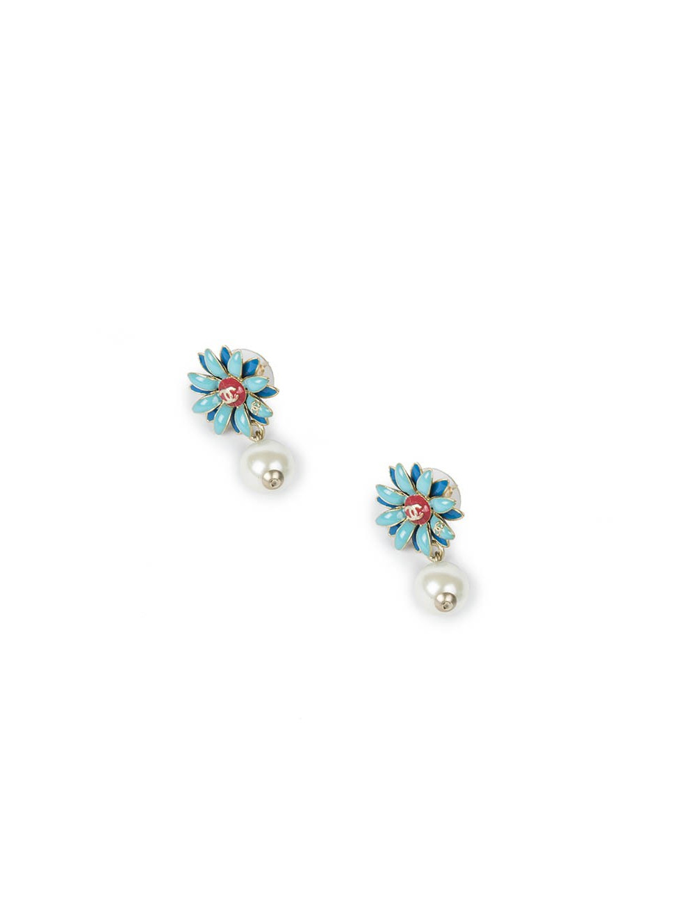 CHANEL daisy stud earrings in gilded metal and blue and coral color