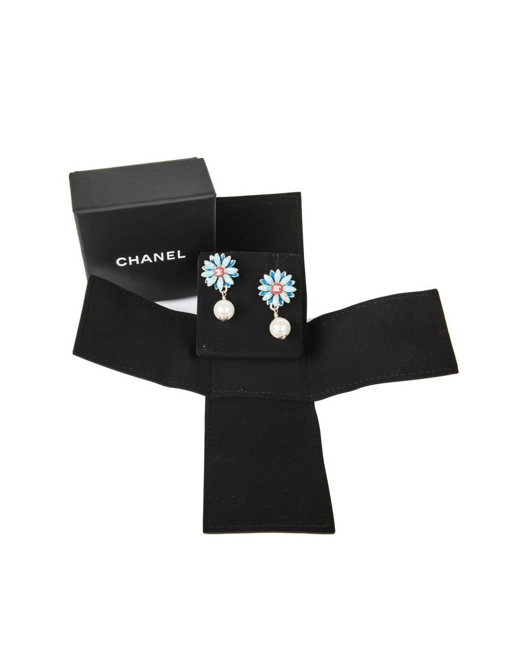 CHANEL daisy stud earrings in gilded metal and blue and coral color